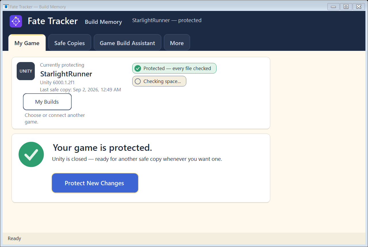 The My Game screen: a card reading Currently protecting StarlightRunner with a green Protected badge, a My Builds button, and one large blue Protect New Changes button.
