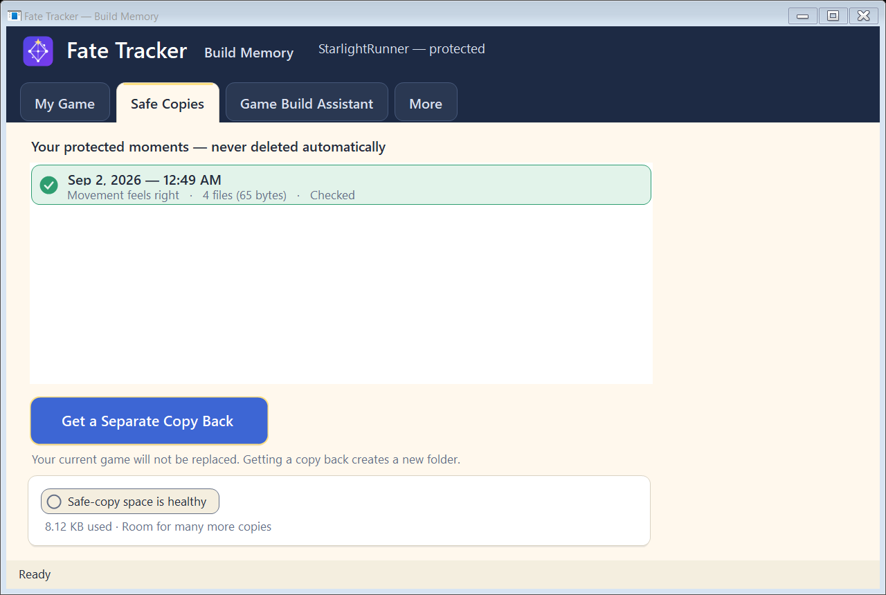 The Safe Copies screen: a dated list of protected copies with a Get a Separate Copy Back button and a storage health card.